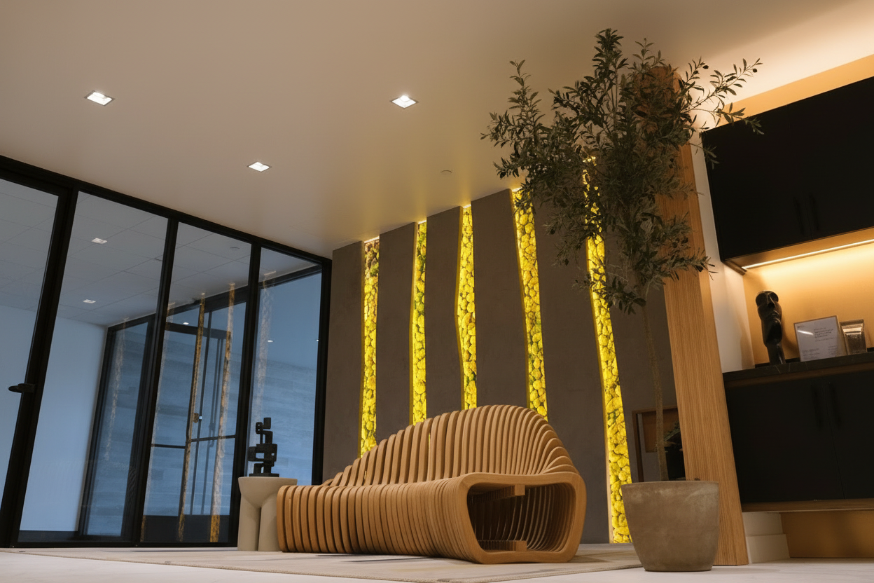 Human Longevity Bay Area clinic lobby with sculptural bench and ambient lighting